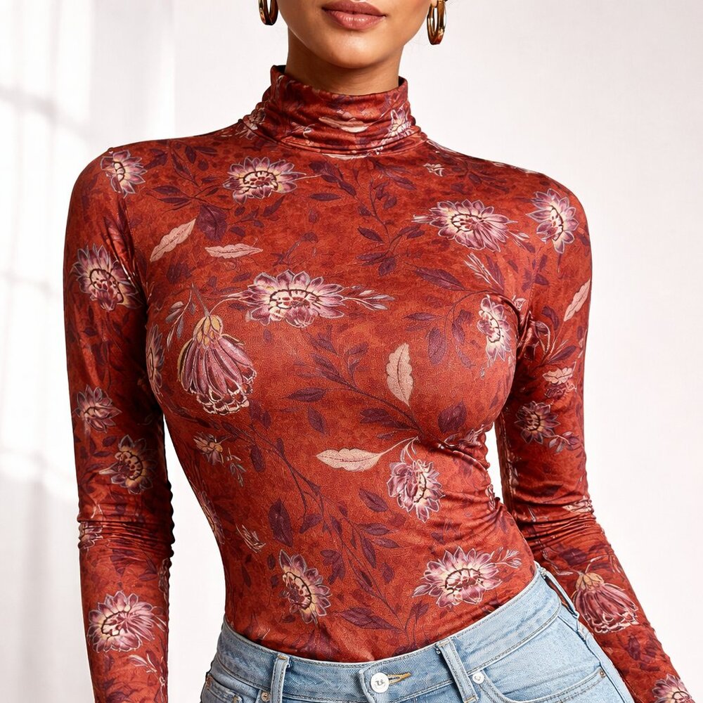 NEW Denim & Co Printed Mesh Mock Neck Floral Top Rust Mauve XXS Stretch